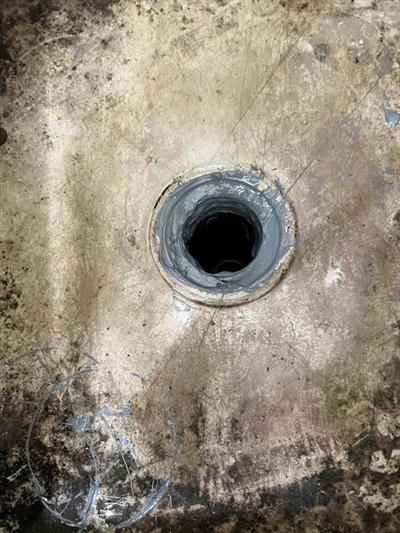 Drain penetration waterproofed with Belzona 3121 MR7 system.