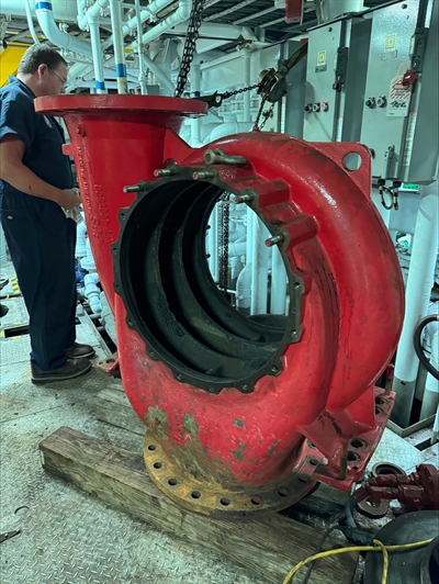 Fire pump casing showing corrosion and damage prior to repair
