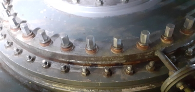 A joint of a transformer is discoloured from leaks